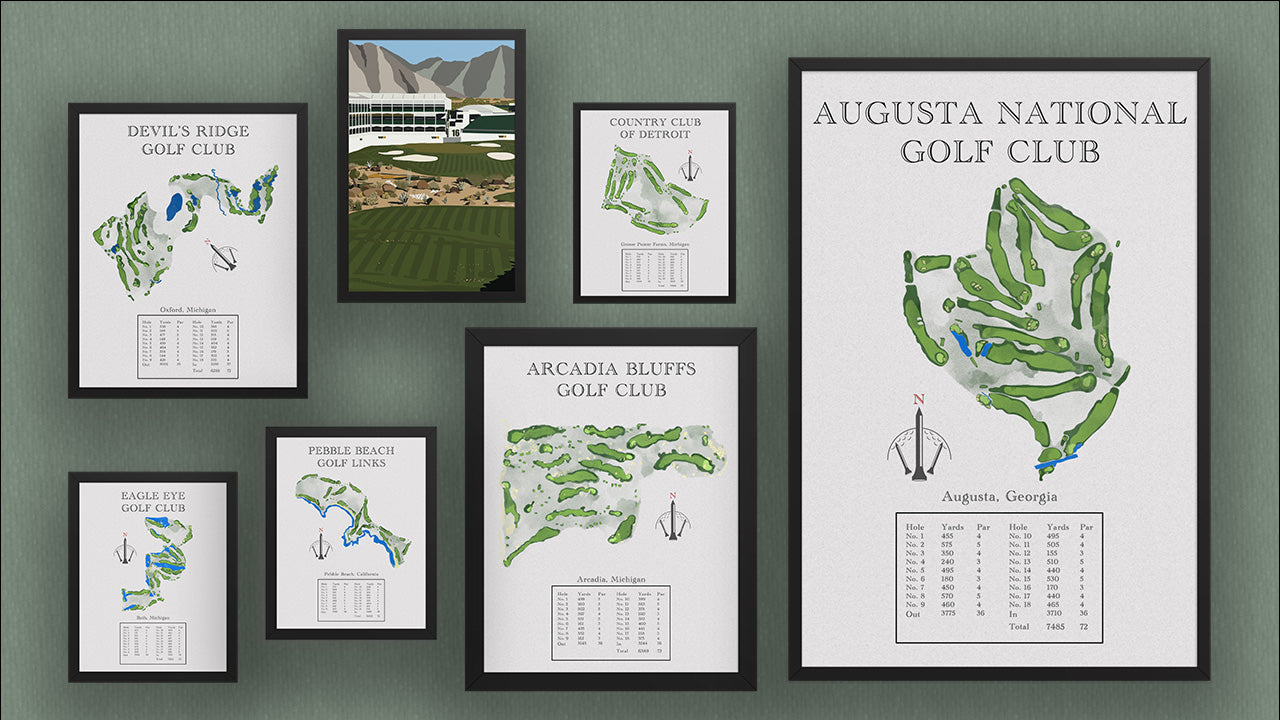wall portrait featuring a variety of custom golf course prints